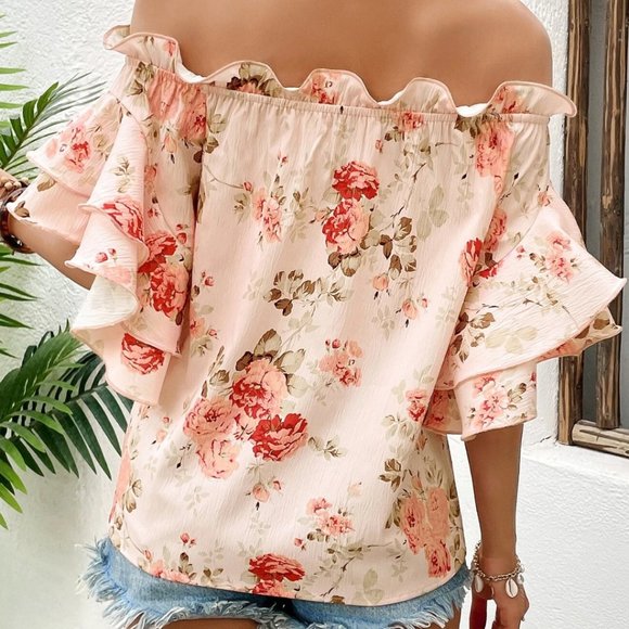 Pink Floral Boho Off Shoulder Ruffled Blouse - Picture 2 of 4
